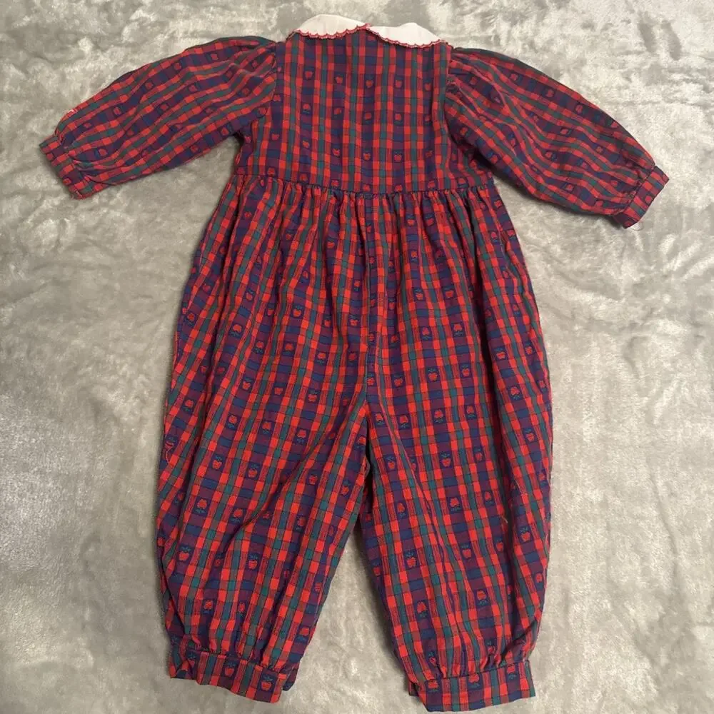 1990's Vtg OshKosh B'gosh 90s Baby Apple Plaid Peter Pan Collar Bubble 12M USA